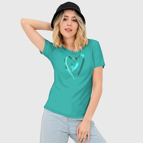 Женская футболка 3D Slim Перламутровое сердечко в другом сердце на бирюзовом поле, цвет 3D печать - фото 3