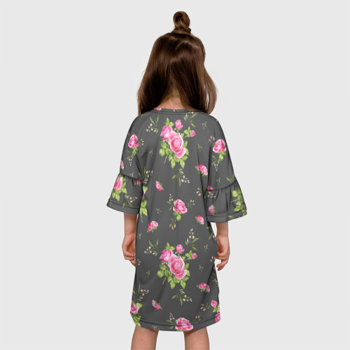 Детское платье 3D с принтом Розовые розы на сером фоне, вид сзади #2