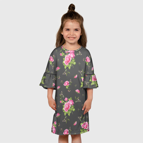 Детское платье 3D с принтом Розовые розы на сером фоне, вид сбоку #3