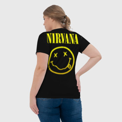 Футболка с принтом Nirvana - Kurt Donald Cobain для женщины, вид на модели сзади №3. Цвет основы: белый