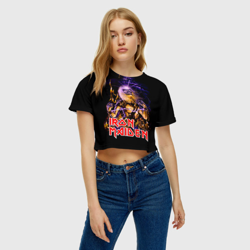 Женская футболка Crop-top 3D Iron Maiden - рок 80-х, цвет 3D печать - фото 3