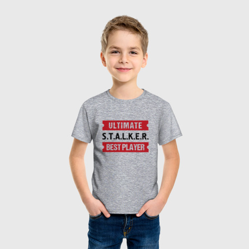 Детская футболка хлопок с принтом STALKER: таблички Ultimate и Best Player, фото на моделе #1