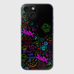 Чехол для iPhone 15 силиконовый с защитой камеры League Of Legends неон - Arcane logo