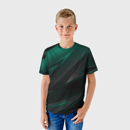 Детская футболка 3D с принтом Бирюзовый черный фон, фото на моделе #1