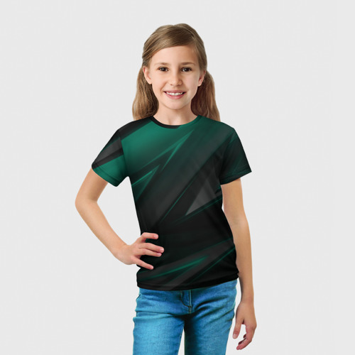 Детская футболка 3D с принтом Бирюзовый черный фон, вид сбоку #3
