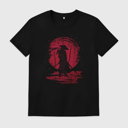 Мужская футболка хлопок с принтом Самурай и красная луна, вид спереди #2