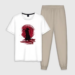 Мужская пижама с белой футболкой хлопок Самурай и красная луна