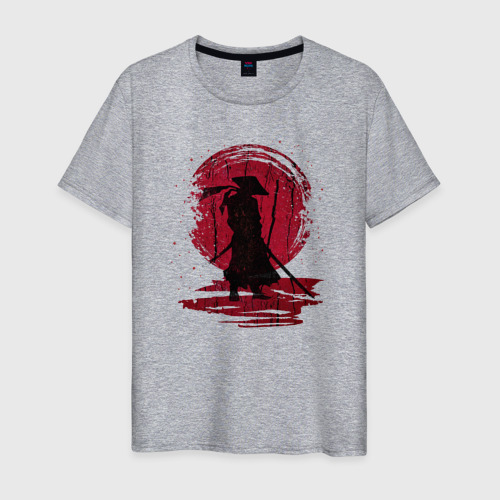 Мужская футболка хлопок Самурай и красная луна, цвет меланж