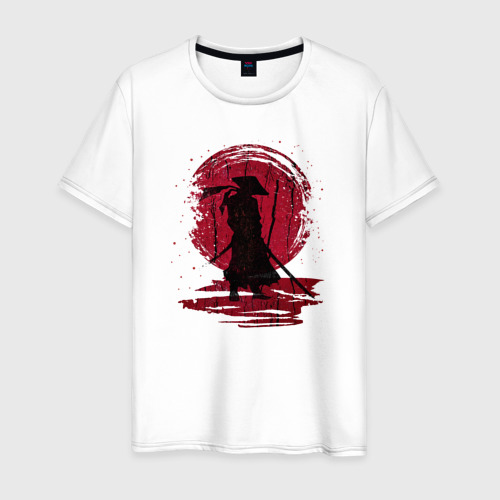 Мужская футболка из хлопка с принтом Самурай и красная луна, вид спереди №1