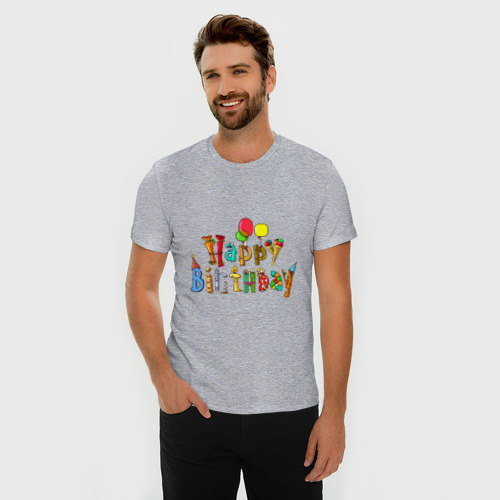 Мужская футболка хлопок Slim Happy birthday greetings, цвет меланж - фото 3