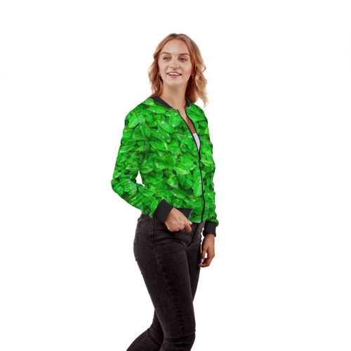 Женский бомбер 3D Зелёные листья - текстура, цвет черный - фото 4