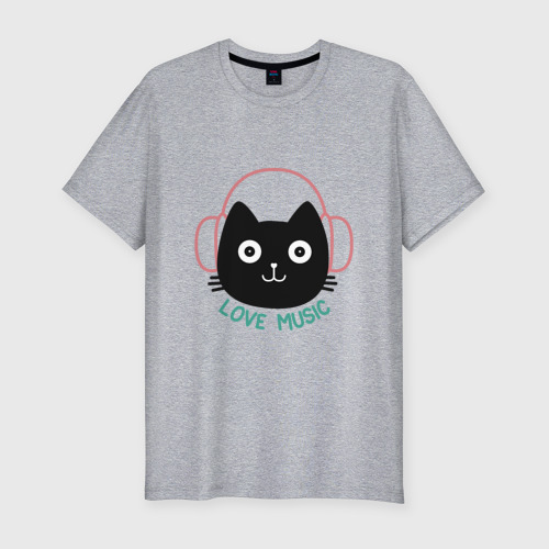 Мужская футболка хлопок Slim с принтом Cat - Love Music, вид спереди #2