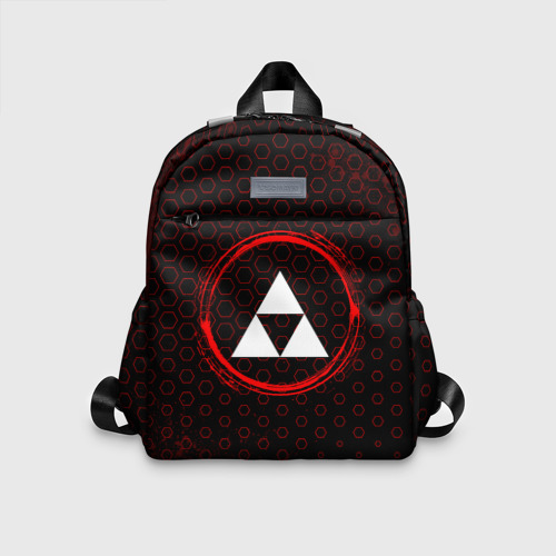 Детский рюкзак 3D с принтом Символ Zelda и краска вокруг на темном фоне, вид спереди #2