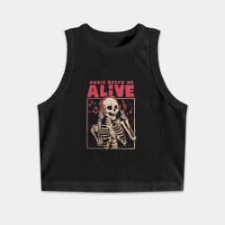 Женская укороченная майка-топ хлопок Music Keeps Me Alive - скелет и музыка