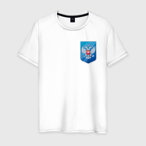 Мужская футболка из хлопка с принтом Синий герб России, вид спереди №1