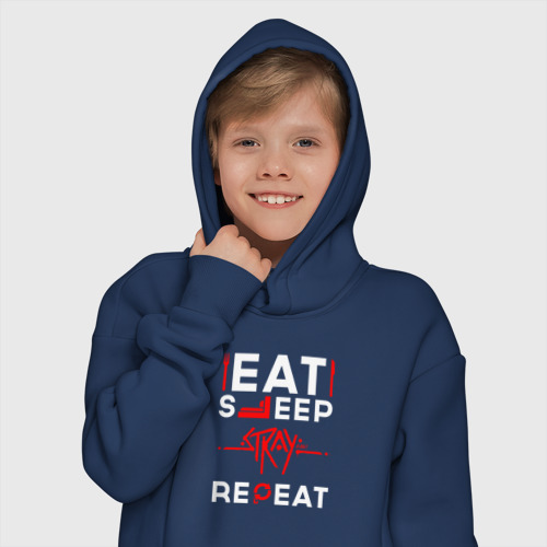 Детское худи Oversize хлопок Надпись Eat Sleep Stray Repeat , цвет темно-синий - фото 12