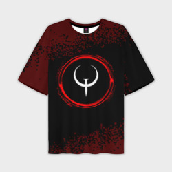 Мужская футболка oversize 3D Символ Quake и краска вокруг на темном фоне