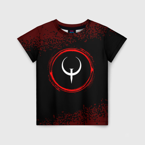 Детская футболка с принтом Символ Quake и краска вокруг на темном фоне, вид спереди №1