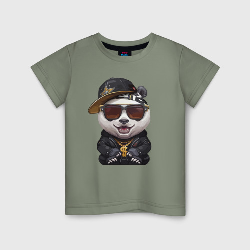 Детская футболка хлопок Крутой панда в тёмных очках, цвет авокадо