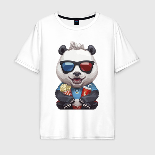 Мужская футболка из хлопка оверсайз с принтом Прикольный панда с попкорном и колой, вид спереди №1