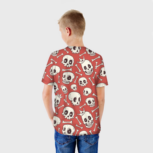 Детская футболка 3D с принтом Черепа на красном фоне, вид сзади #2