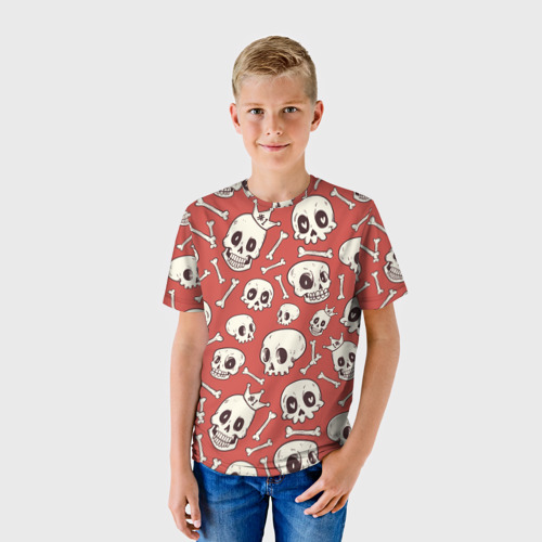 Детская футболка 3D с принтом Черепа на красном фоне, фото на моделе #1