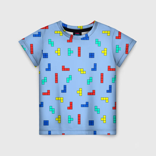 Детская футболка с принтом Тетрис на голубом фоне, вид спереди №1