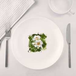 Набор: тарелка + кружка Нежные белые цветы на зелёном акварельном фоне - фото 2
