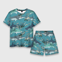 Ныряльщики и акулы - паттерн – Мужской костюм с шортами 3D с принтом купить