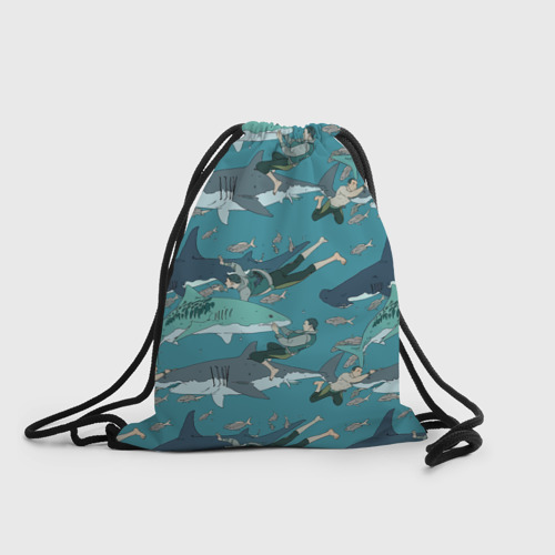 Рюкзак-мешок с принтом Ныряльщики и акулы - паттерн, вид спереди №1