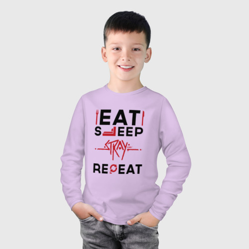 Детский лонгслив хлопок с принтом Надпись: Eat Sleep Stray Repeat, фото на моделе #1