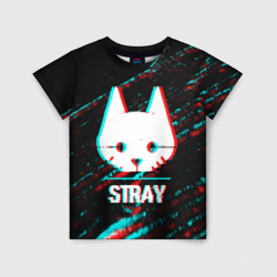 Детская футболка 3D Stray в стиле glitch и баги графики на темном фоне