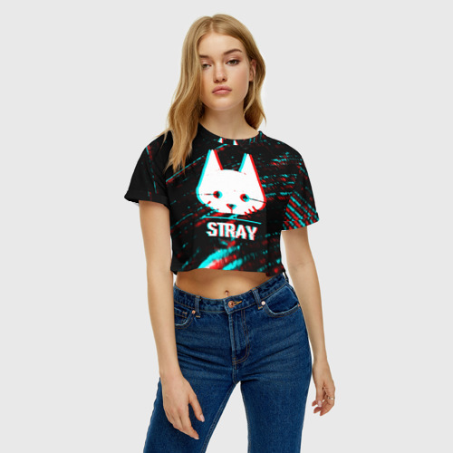 Женская футболка Crop-top 3D Stray в стиле glitch и баги графики на темном фоне, цвет 3D печать - фото 3