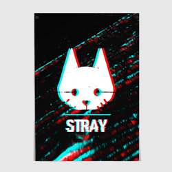 Постер Stray в стиле glitch и баги графики на темном фоне