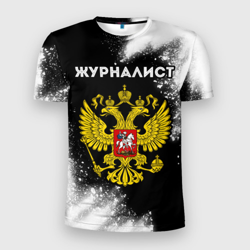 Мужская футболка 3D Slim с принтом Журналист из России и Герб РФ, вид спереди #2
