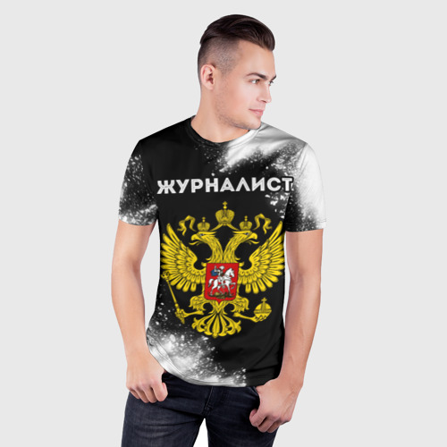 Мужская футболка 3D Slim с принтом Журналист из России и Герб РФ, фото на моделе #1