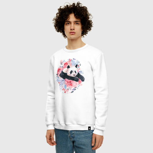 Мужской свитшот хлопок с принтом Панда среди летних цветов, фото на моделе #1