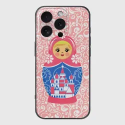 Чехол для iPhone 16 Pro силиконовый с защитой камеры Матрешка в узорах