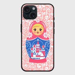 Чехол силиконовый для Apple iPhone 15 матовый Матрешка в узорах