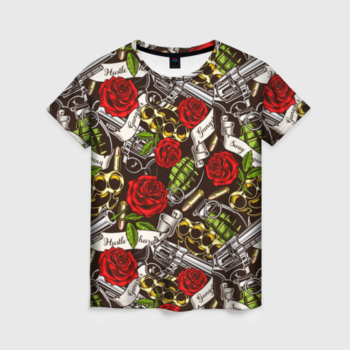 Женская футболка 3D Мафия - кастеты, гранаты, пистолеты и розы, цвет 3D печать