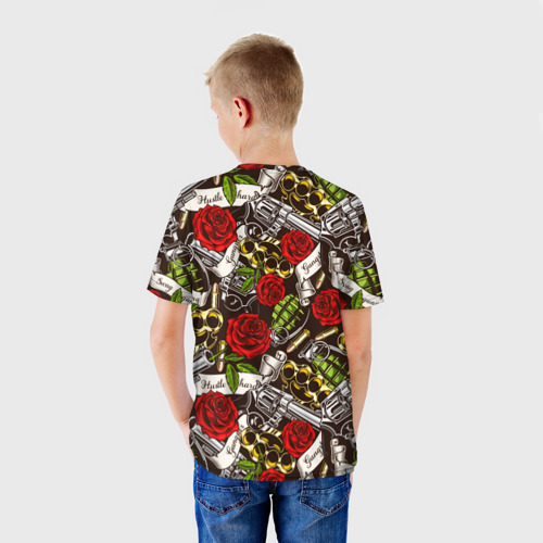 Детская футболка 3D Мафия - кастеты, гранаты, пистолеты и розы, цвет 3D печать - фото 4