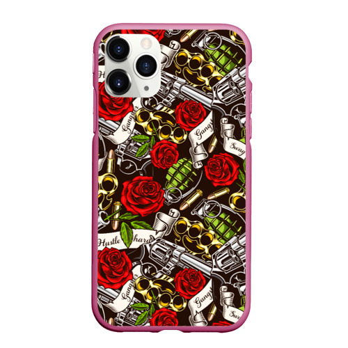 Чехол для iPhone 11 Pro Max матовый Мафия - кастеты, гранаты, пистолеты и розы, цвет малиновый