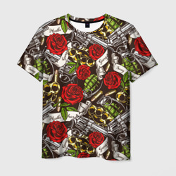 Мужская футболка 3D Мафия - кастеты, гранаты, пистолеты и розы