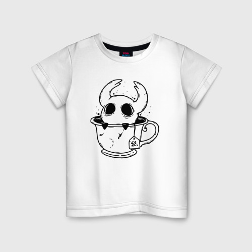 Детская футболка из хлопка с принтом Hollow Knight рыцарь в чашке, вид спереди №1