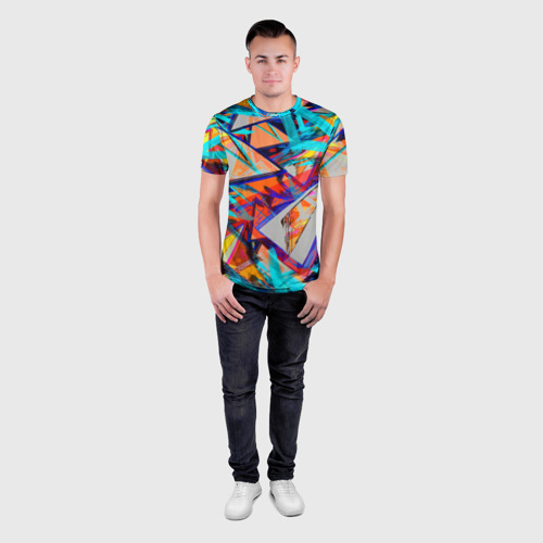 Мужская футболка 3D Slim с принтом Яркий неоновый абстрактный узор, вид сбоку #3