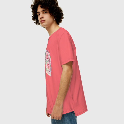 Мужская футболка хлопок Oversize с принтом Белый единорог в цветах, вид сбоку #3