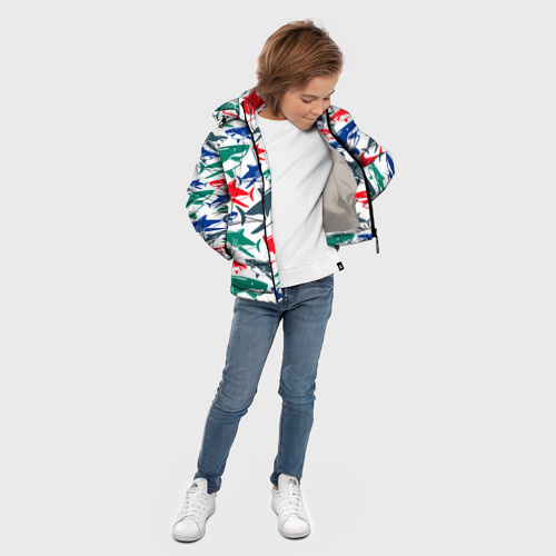 Зимняя куртка для мальчиков 3D с принтом Стая разноцветных акул - паттерн, вид сбоку #3