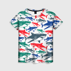 Женская футболка 3D Стая разноцветных акул - паттерн