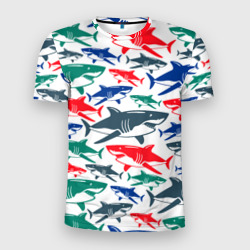 Мужская футболка 3D Slim Стая разноцветных акул - паттерн