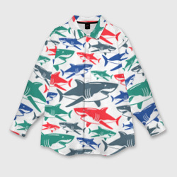 Женская рубашка oversize 3D Стая разноцветных акул - паттерн